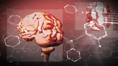 On start, large 3D brain rotating while hexagons and tags animating for neural Stock Footage 335652057