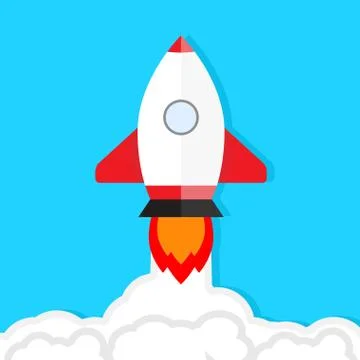 Start up launch. Rocket takes into sky vector Stock Illustration
