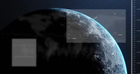 On start lighting overlay 3D Earth globe rotating shifting panels and waveforms Stock Footage 310140595