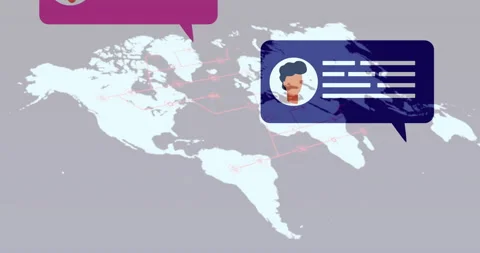 On start magenta chat bubble appearing over NA, blue bubble emerging over Stock Footage 313639529
