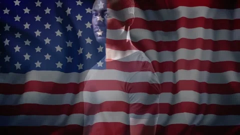 On start man turning from profile to face forward rippling flag overlay creating Stock Footage 333255854