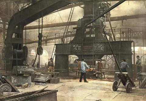 Start-up of a massive steam hammer from 1862. This huge machine tool was Stock Illustration