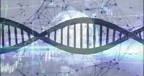 On start mesh forming, DNA helix oscillating, Earth rotating, charts scrolling Stock Footage 327128599
