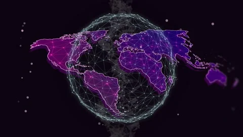 On start mesh globe rotating pulsing nodes and shifting magenta continents Stock Footage 334768479