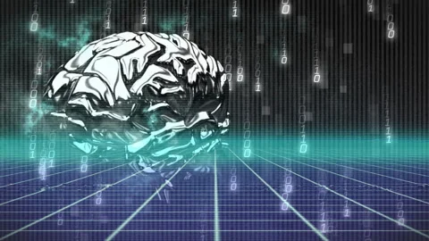 At start metallic brain model rotating with falling binary digits over grid Stock Footage 310406293