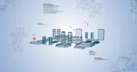 Start modules rising into city, red glyphs, camera panning collapsing into Stock Footage 312638278
