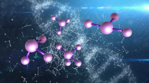 On start, molecular clusters rotating and drifting while particle web spiraling, Stock Footage 335739454
