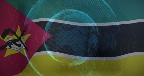 On start Mozambique flag serving as base, holographic globe appearing, rings 動画素材 329576231