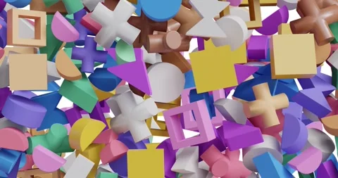 On start multicolored 3D shapes cascading into pastel cluster filling Stock Footage 347300263