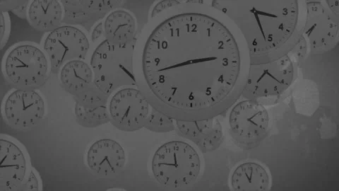 At start multiple analog clocks drifting and rotating with fading silhouettes to Stock Footage 317264970