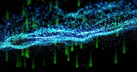 On start neon blue particle wave undulating while green binary digits falling Stock Footage 310325058