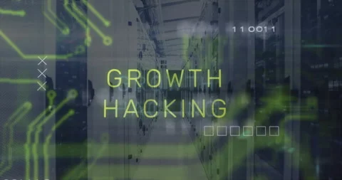 On start, neon-green circuits sliding over racks flickering growth text forming Stock Footage 312898418
