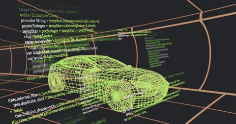 On start, neon green wireframe car centering while code scrolling and layering Stock Footage 312500956