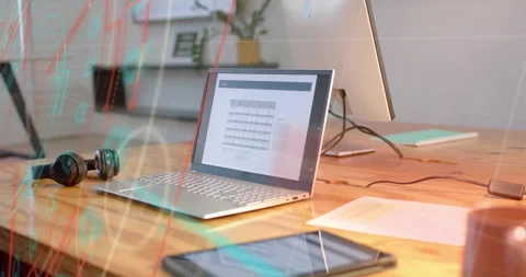 On start neon red and teal lines overlaying laptop tracing data flow fading and Stock Footage 314686993