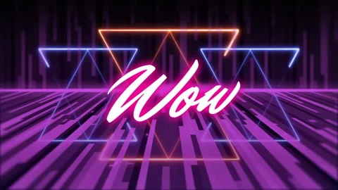 On start neon triangles pulsing while floor scrolling, pink script fading into Stock Footage 312071875