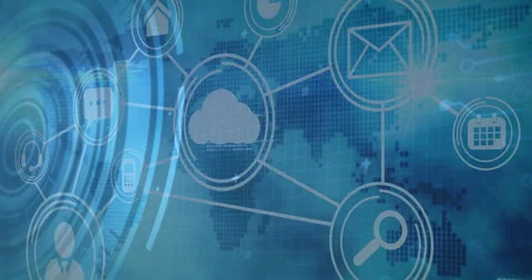 On start network icons pulsing rings, fading code, flickering backend, Stock Footage 309761927