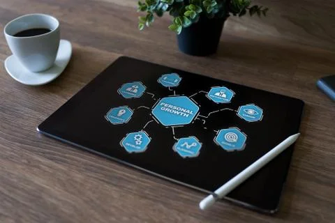 Start new career button on device screen. Recruitment and personal development Stock Photos