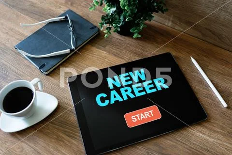 Start new career button on device screen. Recruitment and personal development Stock Photos