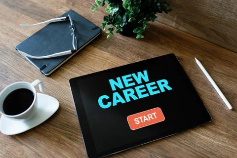 Start new career button on device screen. Recruitment and personal development 写真素材