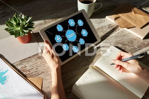 Start new career button on device screen. Recruitment and personal development Stock Photos