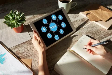 Start new career button on device screen. Recruitment and personal development Stock Photos