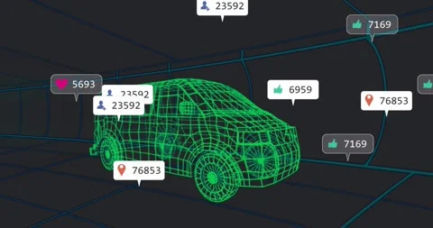 On start notification labels clustering and drifting around green wireframe van, Stock Footage 320896448