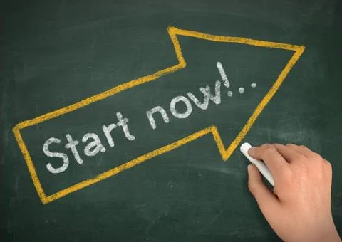 Start now chalkboard write concept 3d illustration Ilustración de archivo