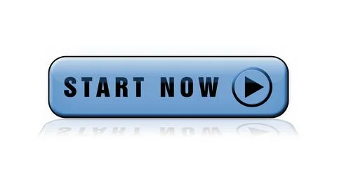 START NOW lettering - blue button with reflections on the floor Stock Illustration