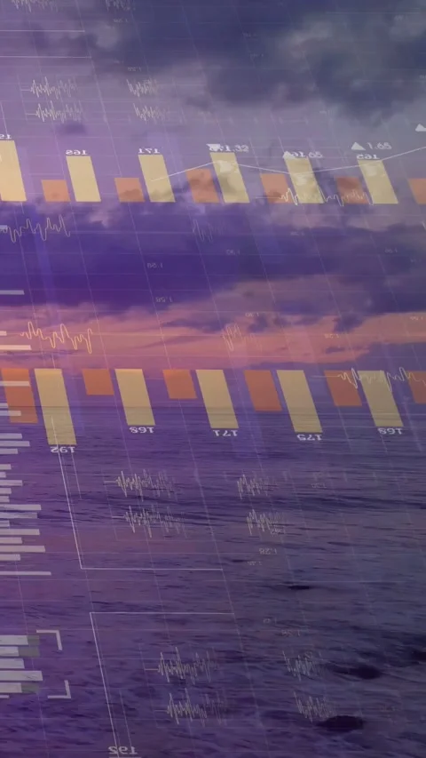 At start, ocean staying fixed while faint gridlines and orange bars rising for Stock Footage 331790642