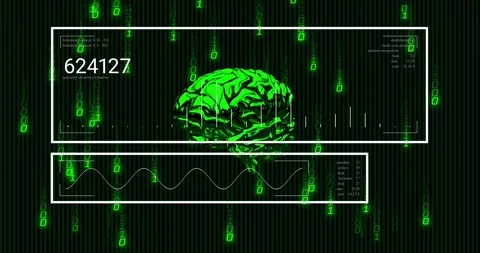 At start panels framing rotating brain counting oscillating waveform amid binary Stock Footage 318194652