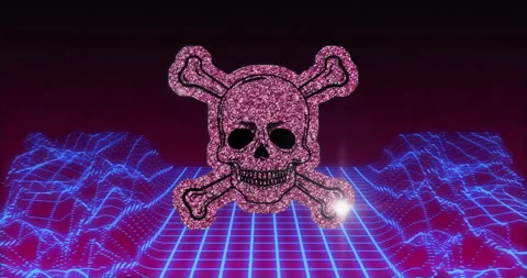 At start, pink glitter skull crossbones, grid undulating, white flares bursting Stock Footage 315526354