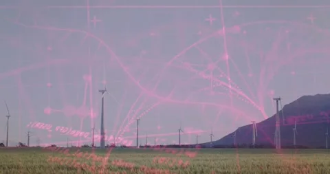 On start pink network emerging over turbines, mapping flow with pulsing nodes Stock Footage 327846855
