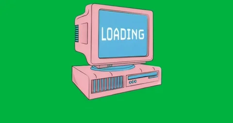 On start pink retro computer showing LOADING text on transparent backdrop Stock Footage 317362468