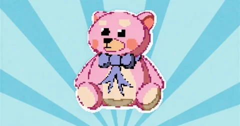 On start, pixel-art teddy bear appearing and sitting while rays fading into Stock Footage 315526907