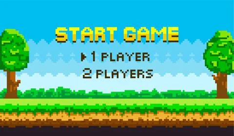 Start for players pixel game background, natural landscape with blue sky, trees Illustrazione stock