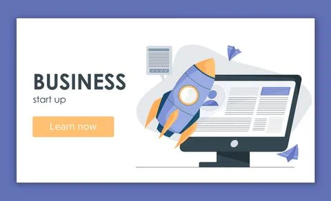 Start up poster. Rocket near computer monitor. Business and project development Illustrazione stock