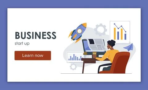 Start up poster. Woman with computer work on business project. Business and Illustrazione stock