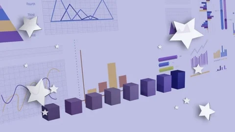 On start, purple 3D bar chart growing and shifting, pointer sweeping, Video stock 333575340