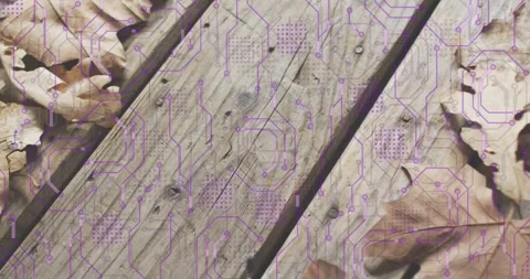 On start purple circuit-board overlay appearing over motionless planks being 스톡 동영상 316963345