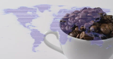 On start purple map fading in over coffee bean mug, camera panning right showing Vidéo 316186515