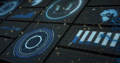 On start radar HUD rotating, bars pulsing, globe rotating, sparks drifting, Stock Footage 321378126