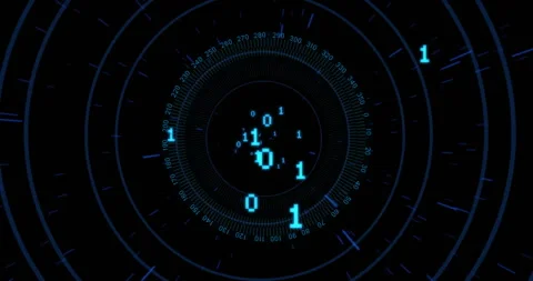 On start radial interface showing binary bits rotating, drifting into center Stock Footage 312348701