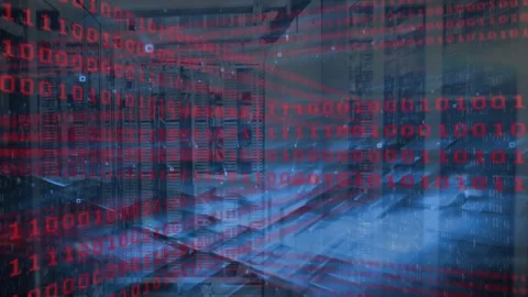 On start red binary overlay appearing over server racks, blue wave sweeping, Video stock 332566573