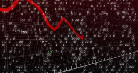 On start red line graph trending downward across 3D grid as binary densifying to Stock Footage 315787323