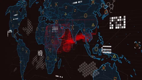 On start red wireframe truck rotating blue map rising heat zones appearing icons Stock Footage 313618669