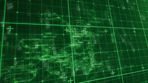On start revealing green grid panning right shapes forming binary digits Stock Footage 312416993