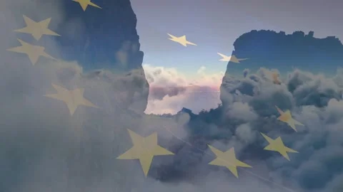 At start ring of gold stars starting drifting, rotating across cloud gorge, Stock Footage 334884092