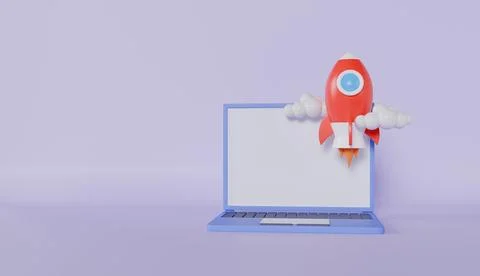 Start up rocket with laptop and clouds, business fast growth up Stock Illustration