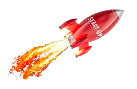 Start-up rocket launch with fire trail. 3D rendering Stock Illustration