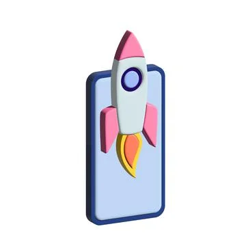 Start up rocket on smartphone. Launch app 3d. 3d vector. Stock Illustration